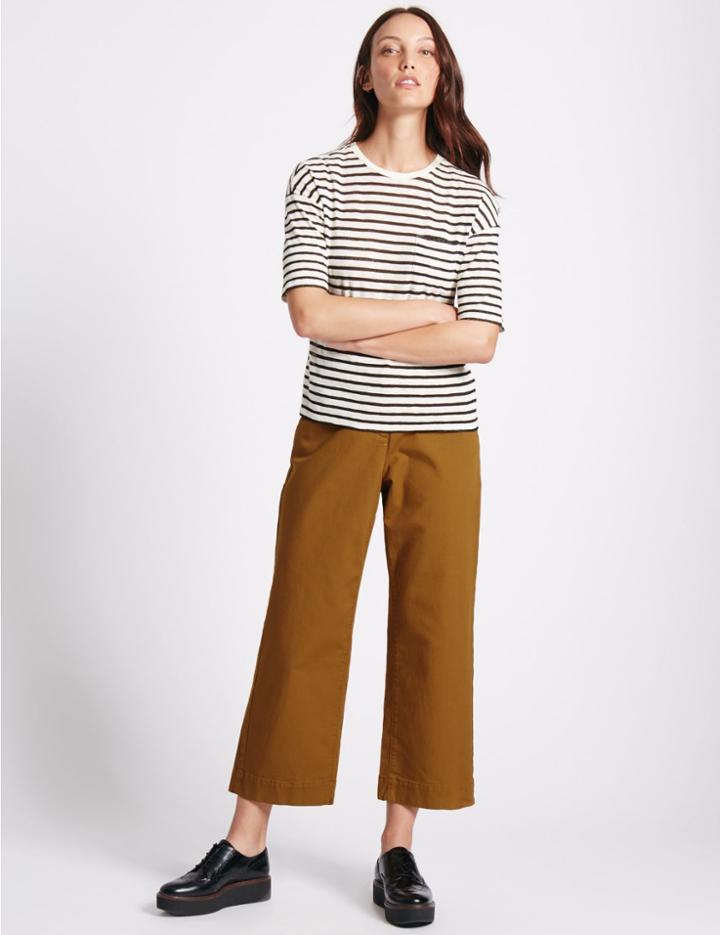 Marks & Spencer Cotton Rich Cropped Tapered Leg Trousers Medium Brown