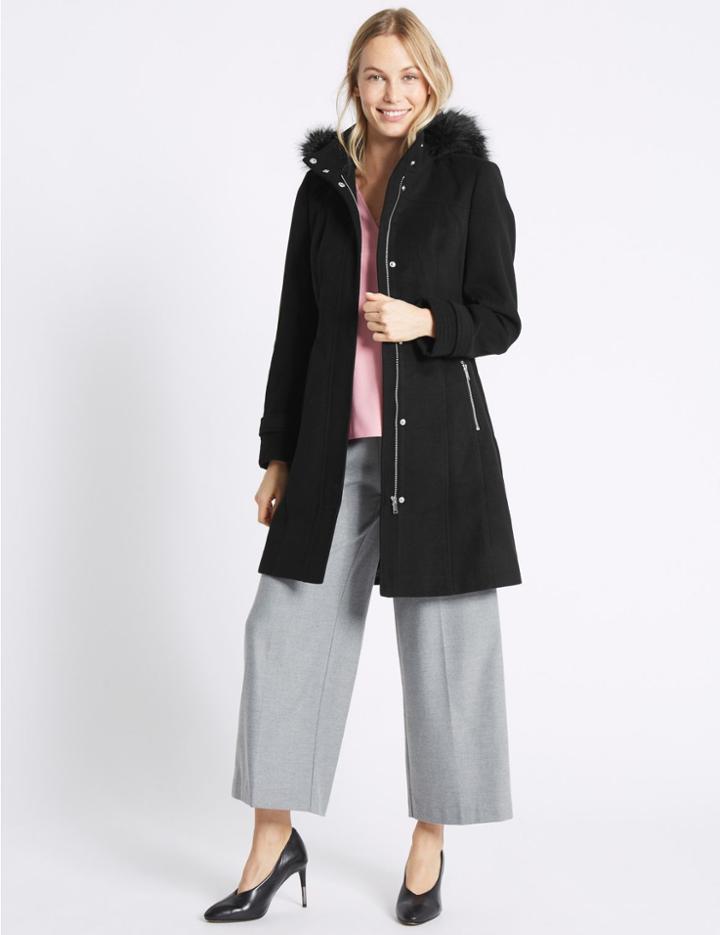 Marks & Spencer Faux Fur Collar Longline Coat Black