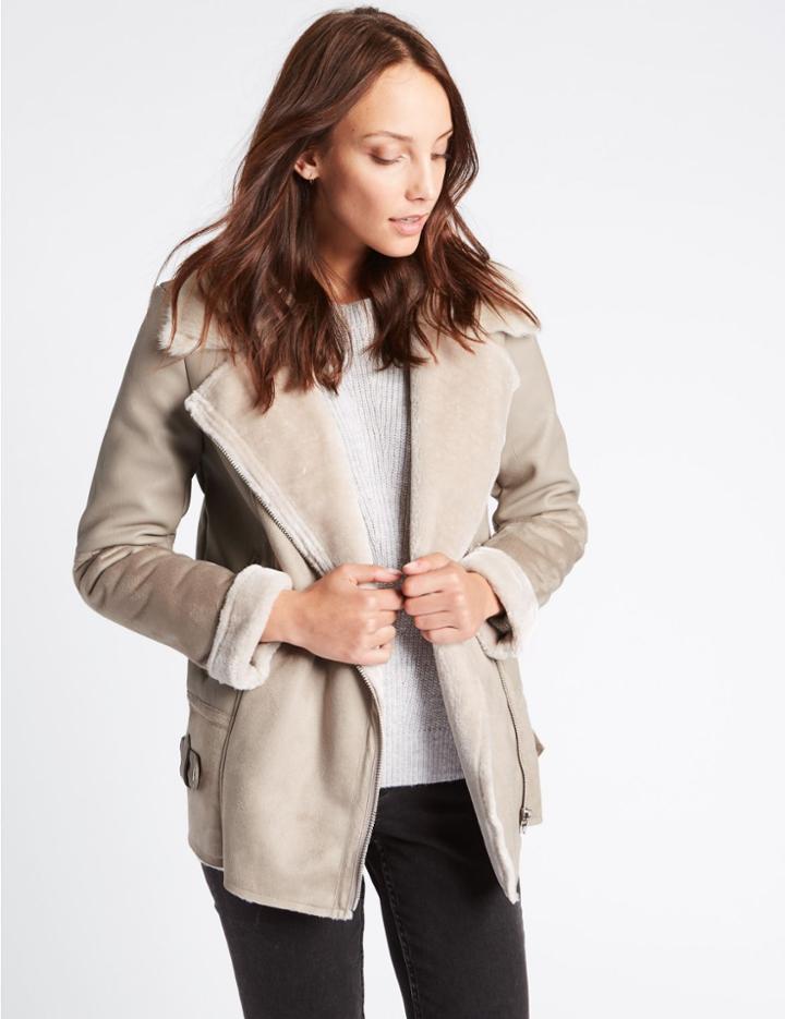 Marks & Spencer Faux Leather Shearling Jacket Mink