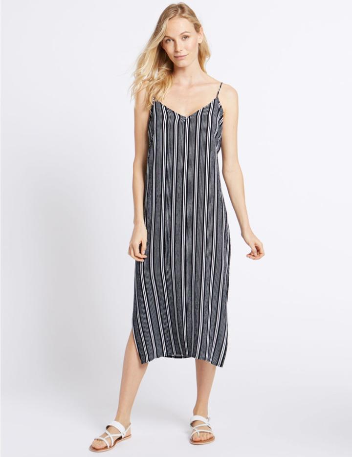 Marks & Spencer Striped Slip Midi Dress Navy Mix