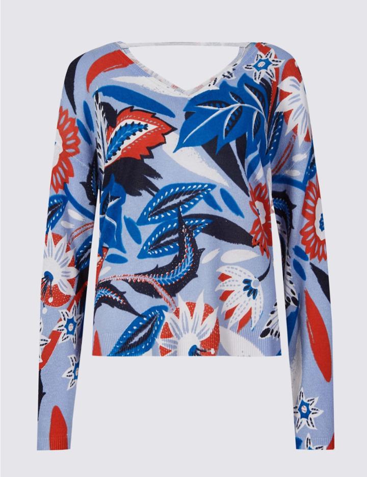 Marks & Spencer Printed V- Neck Jumper Blue Mix