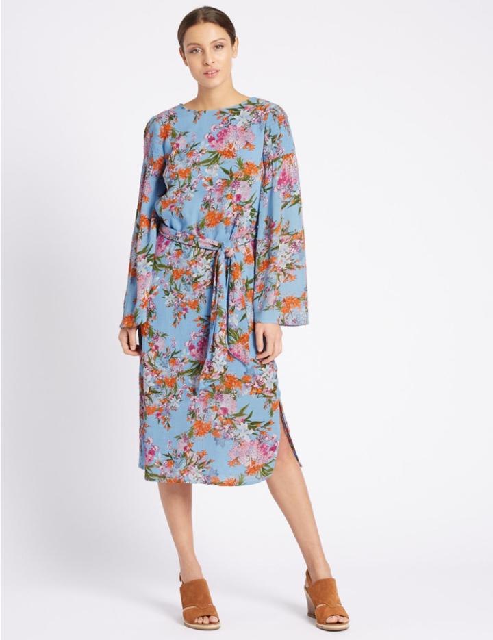 Marks & Spencer Floral Print Midi Dress With Belt Blue Mix