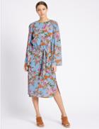 Marks & Spencer Floral Print Midi Dress With Belt Blue Mix