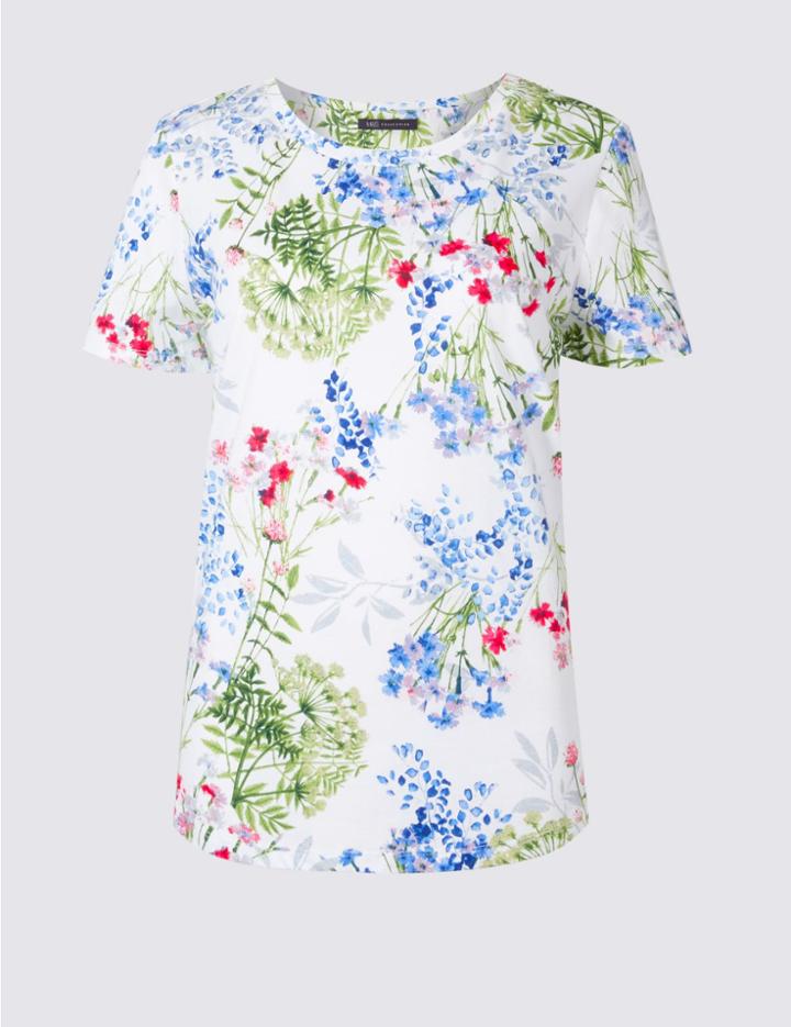 Marks & Spencer Pure Cotton Floral Print T-shirt Ivory Mix