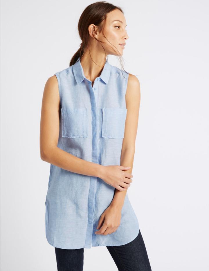 Marks & Spencer Linen Rich Longline Sleeveless Shirt Chambray