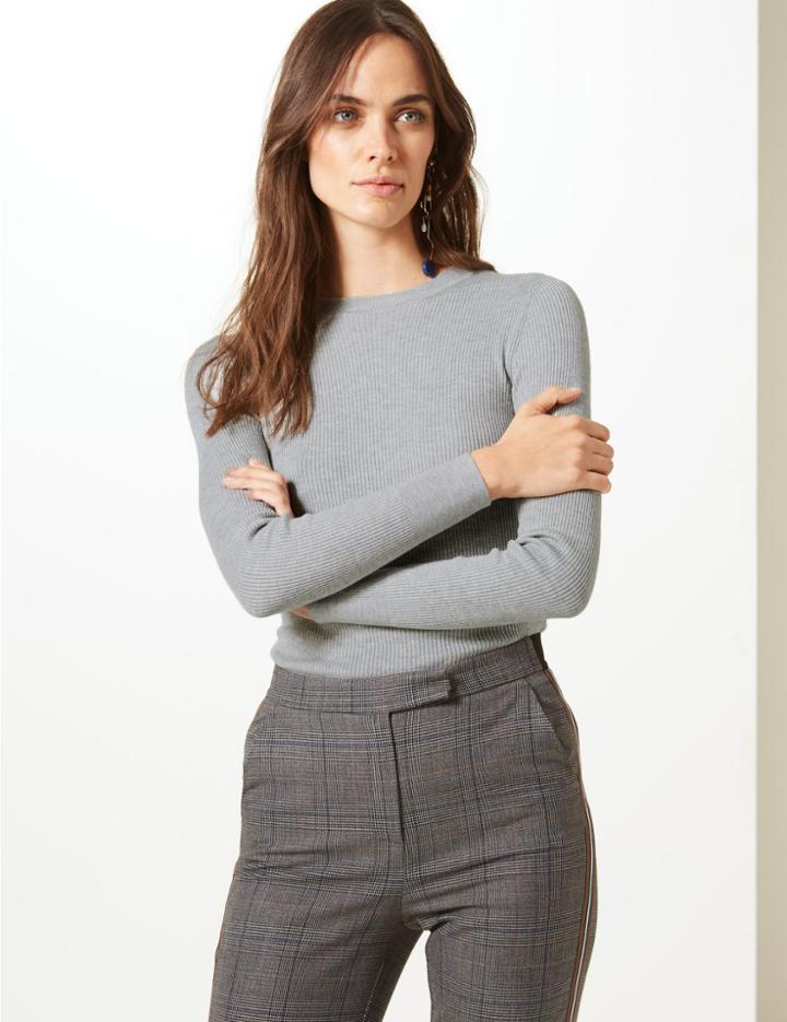 Marks & Spencer Textured Round Neck Jumper Grey Marl
