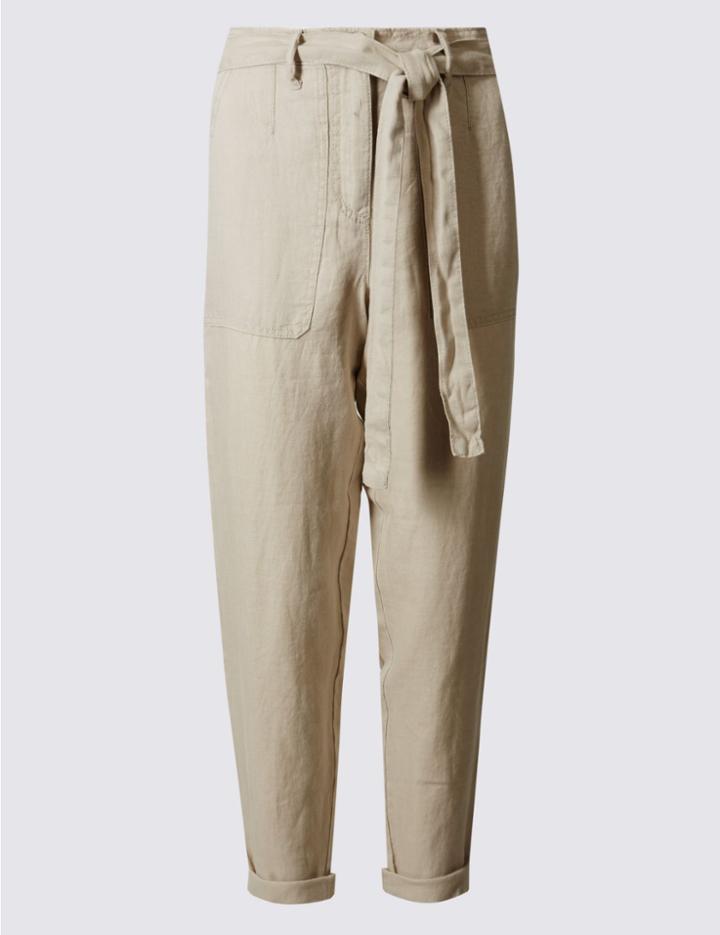 Marks & Spencer Pure Linen Tapered Leg Trousers Neutral