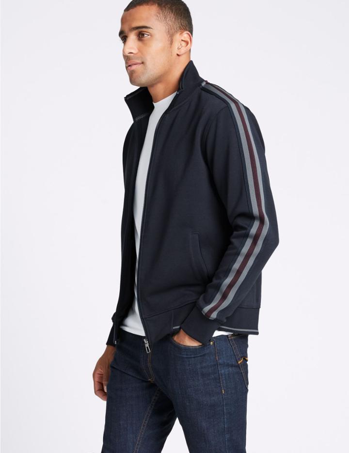 Marks & Spencer Cotton Blend Zip Through Top Navy Mix