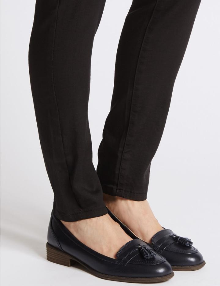 Marks & Spencer Wide Fit Leather Block Heel Tassel Loafers Navy