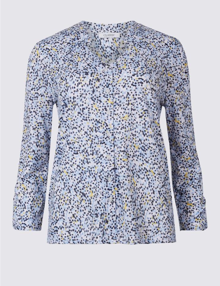 Marks & Spencer Burnout Print Notch Neck 3/4 Sleeve Shirt Ivory Mix