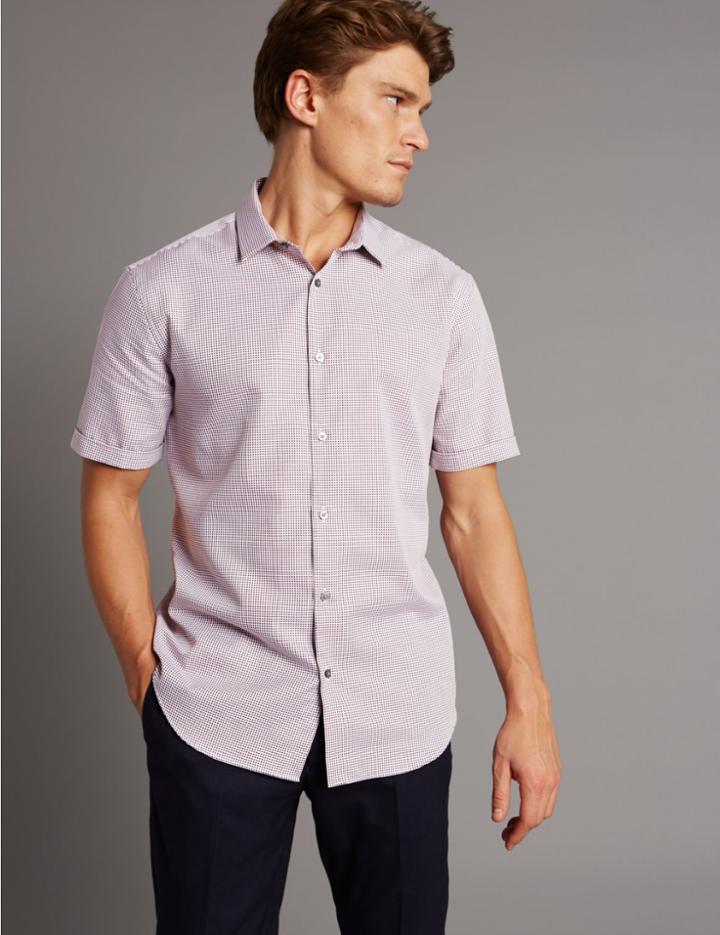 Marks & Spencer Pure Cotton Slim Fit Textured Shirt Burgundy Mix