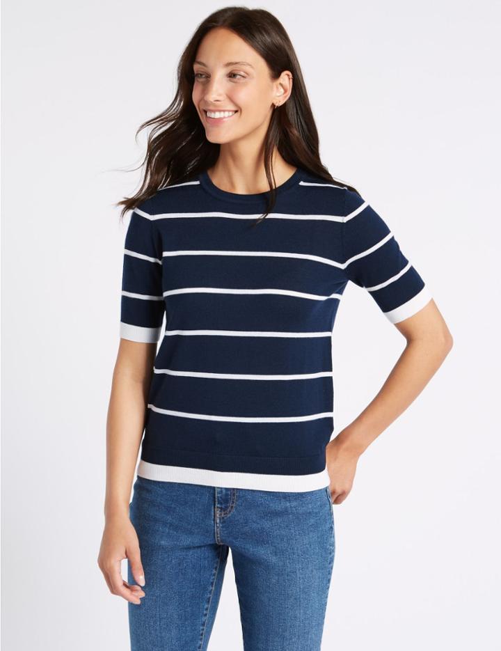 Marks & Spencer Pure Merino Wool Striped Round Neck Jumper Navy Mix