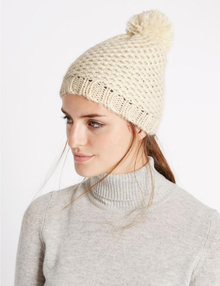 Marks & Spencer Textured Bobble Winter Hat Cream