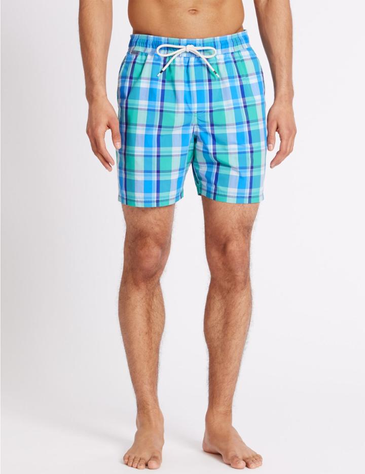 Marks & Spencer Quick Dry Checked Swim Shorts Green Mix