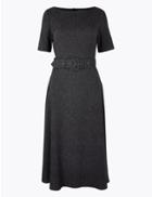 Marks & Spencer Belted Herringbone Fit & Flare Midi Dress Black Mix