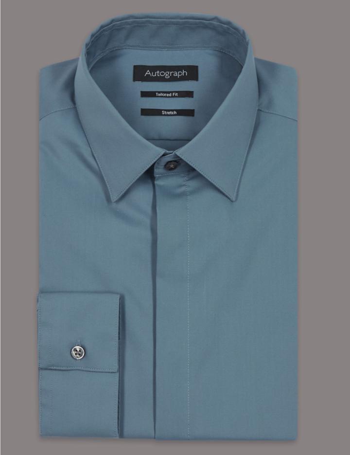 Marks & Spencer Cotton Rich Tailored Fit Shirt With Stretch Dark Airforce