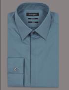 Marks & Spencer Cotton Rich Tailored Fit Shirt With Stretch Dark Airforce