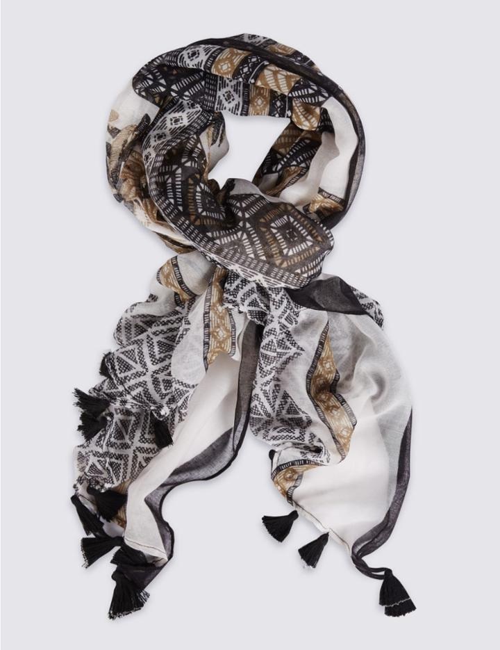 Marks & Spencer Tassel Patchwork Scarf Natural Mix
