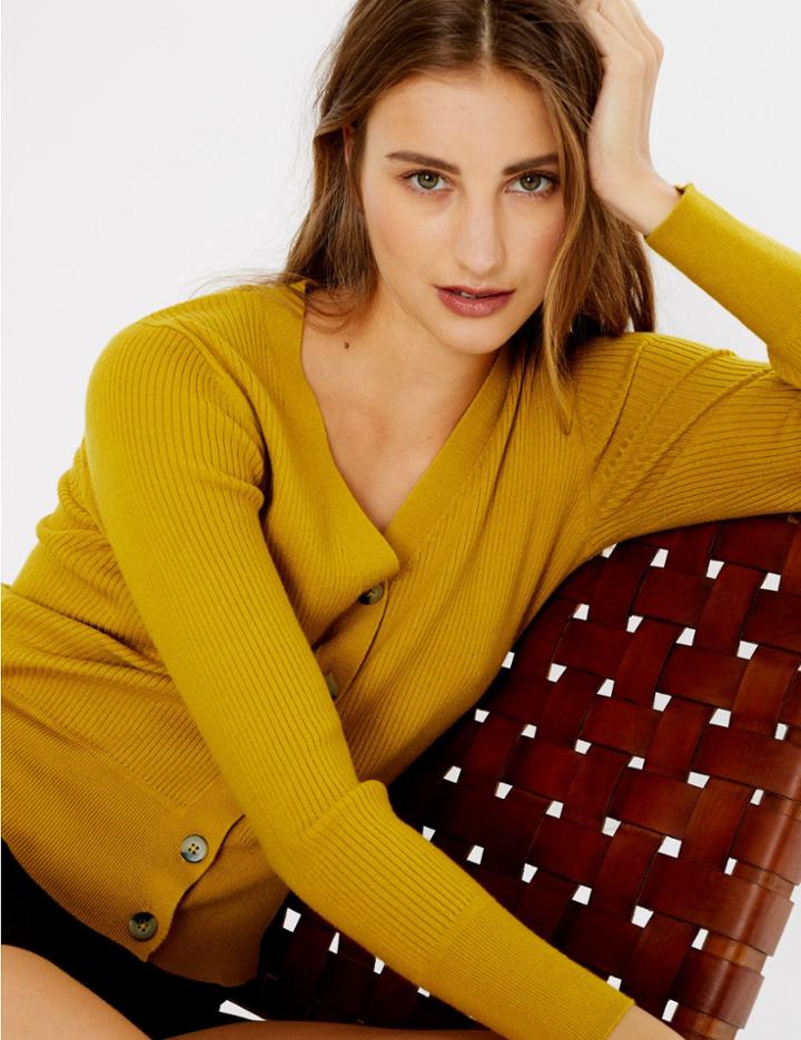 Marks & Spencer V Neck Ribbed Button Cardigan Antique Brass