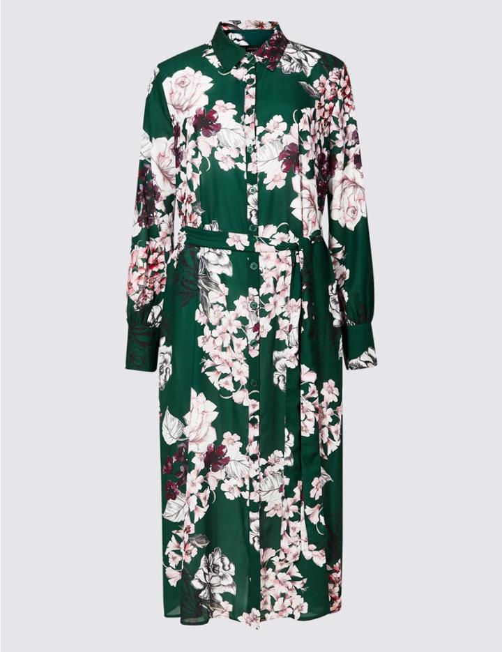 Marks & Spencer Floral Print Longline Shirt Midi Dress Dark Green Mix