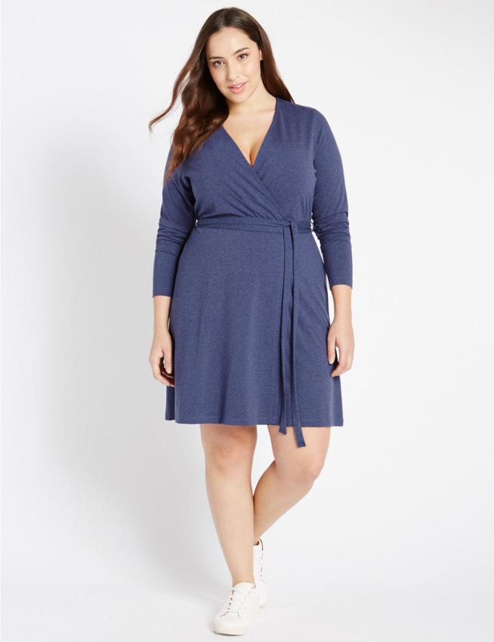 Marks & Spencer Plus Wrap Skater Dress With Belt Blue Marl