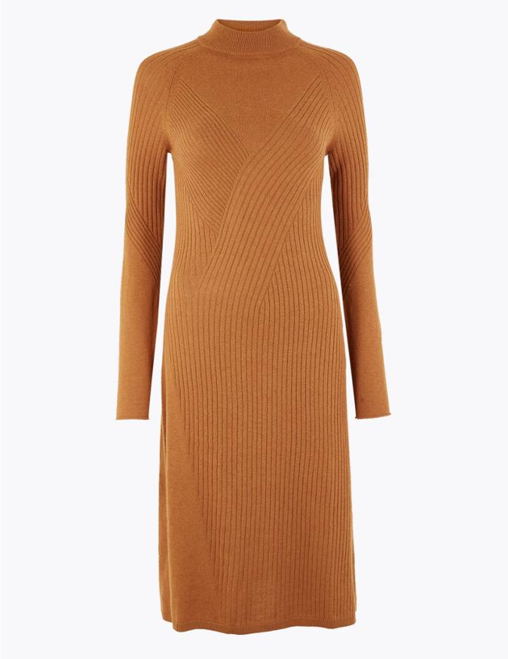 Marks & Spencer Merino Wool Rich Ribbed Shift Dress Copper Tan