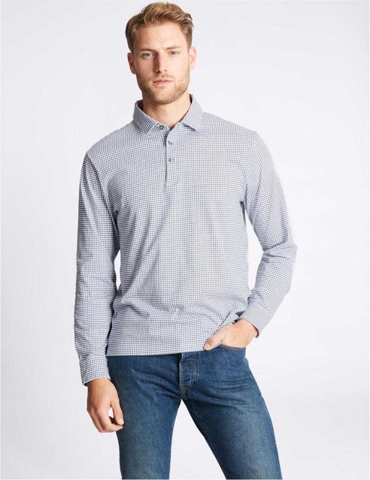 Marks & Spencer Pure Cotton Checked Polo Shirt Navy Mix