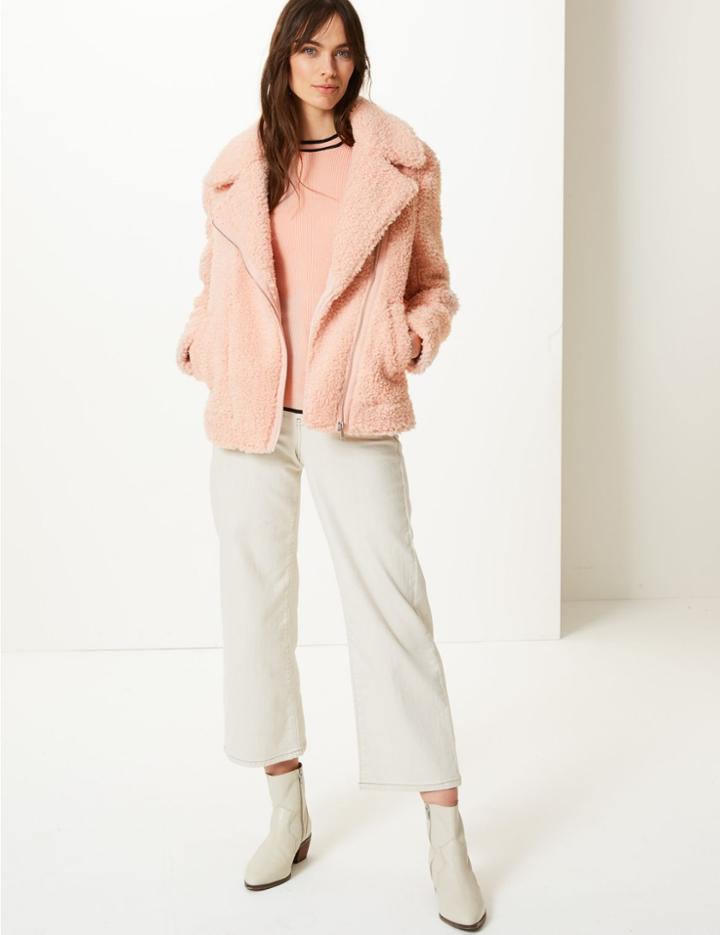 Marks & Spencer Textured Borg Biker Jacket Powder