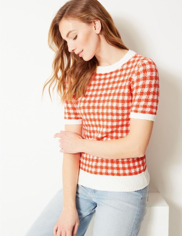 Marks & Spencer Textured Round Neck Short Sleeve Jumper Orange Mix