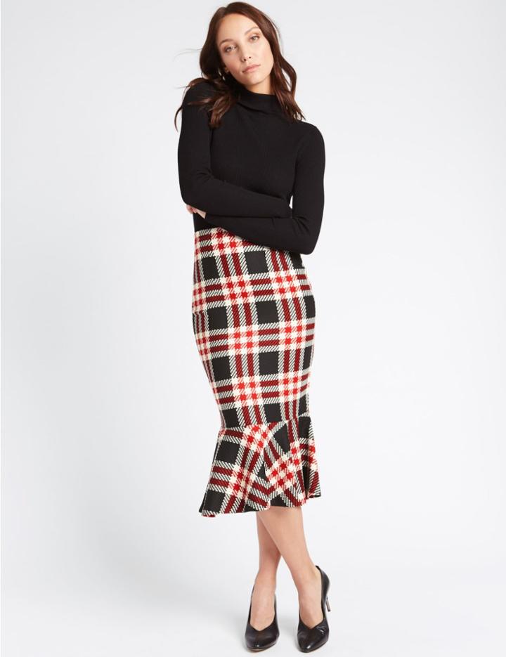 Marks & Spencer Checked Fishtail A-line Midi Skirt Red Mix