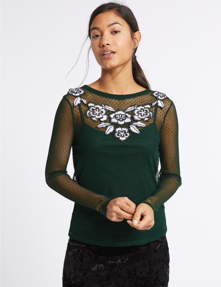 Marks & Spencer Embroidered Applique Mesh T-shirt Green Mix