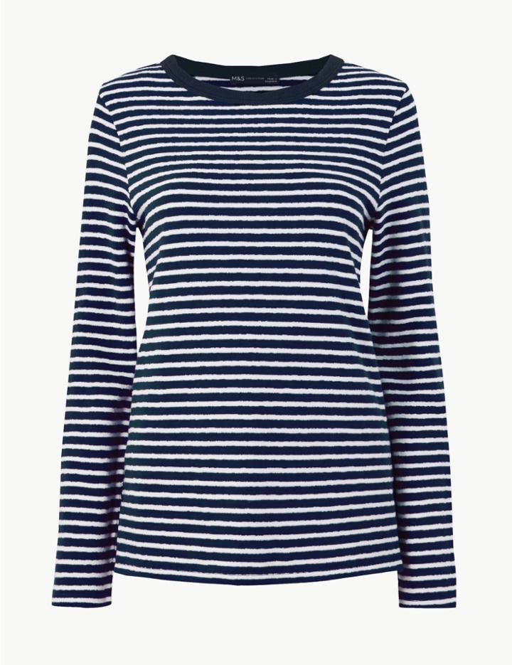 Marks & Spencer Pure Cotton Striped Regular Fit T-shirt Indigo Mix