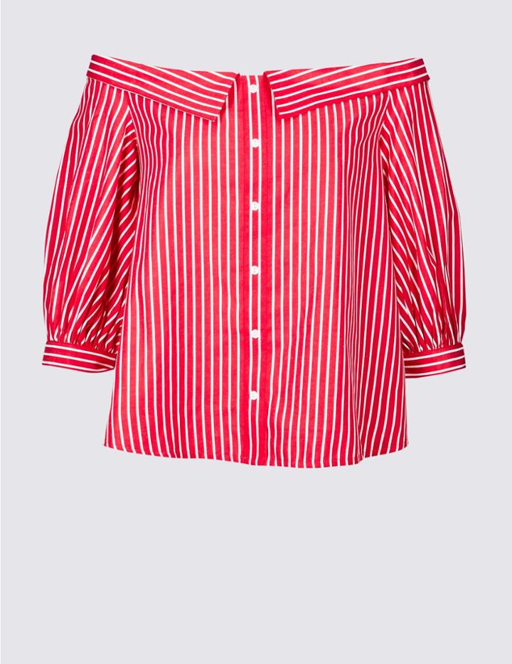Marks & Spencer Striped 3/4 Sleeve Bardot Top Red Mix