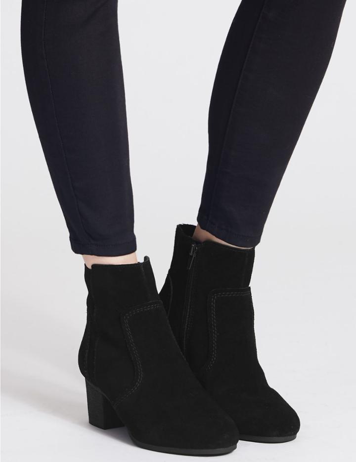 Marks & Spencer Leather Block Heel Crepe Effect Ankle Boots Black Mix