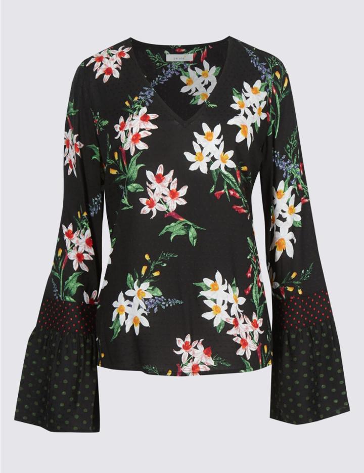 Marks & Spencer Floral Print Flared Sleeve Blouse Black Mix
