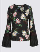 Marks & Spencer Floral Print Flared Sleeve Blouse Black Mix