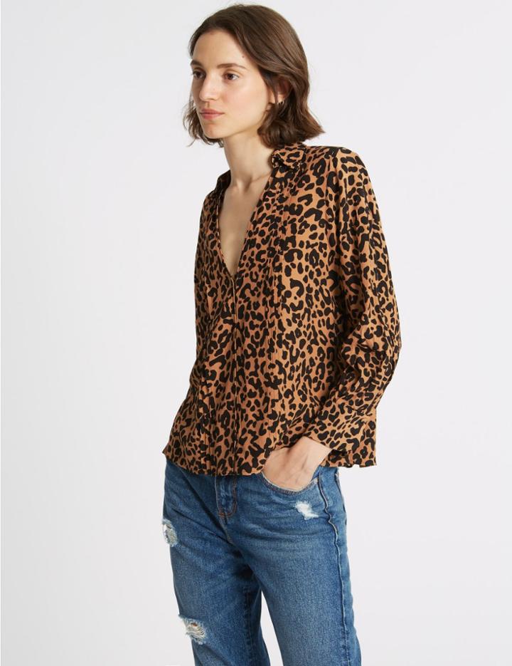 Marks & Spencer Animal Print Notch Neck Blouse Caramel Mix