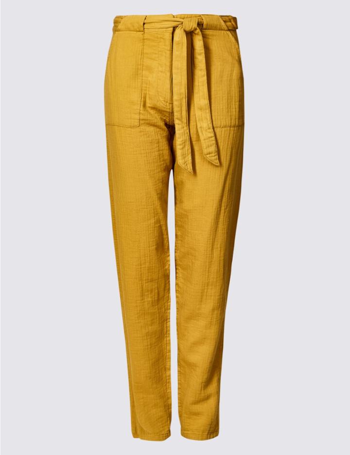 Marks & Spencer Pure Cotton Straight Leg Peg Trousers Ochre