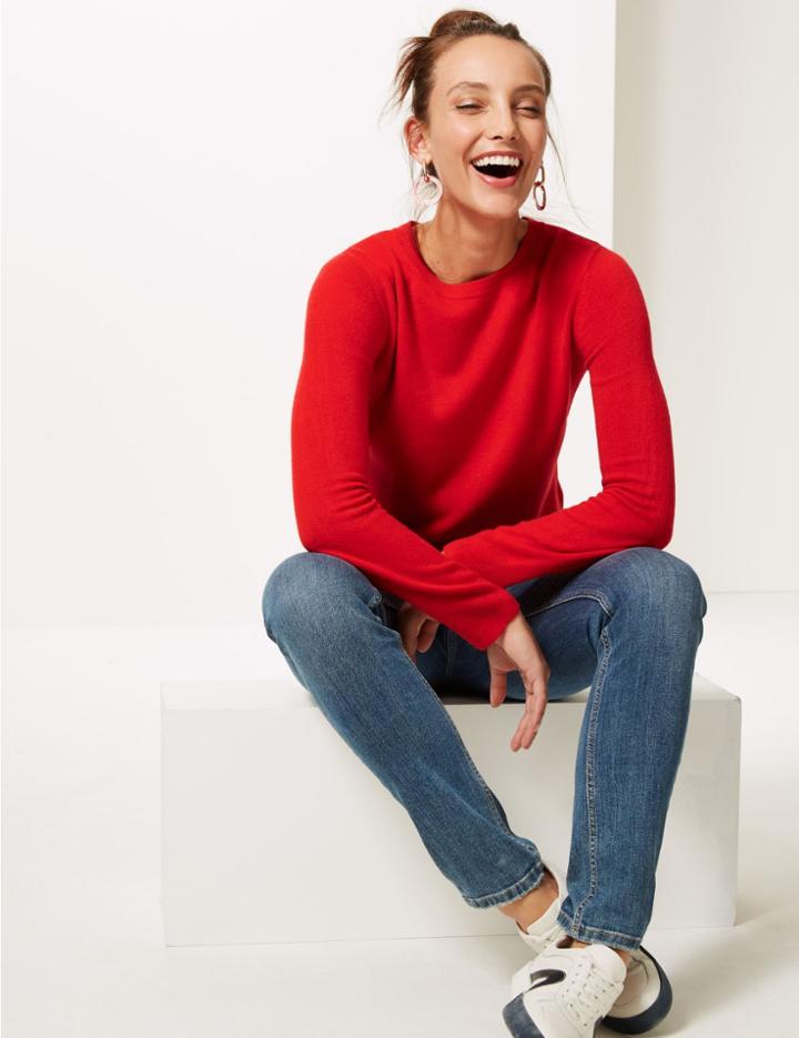 Marks & Spencer Cashmilon&trade; Round Neck Long Sleeve Jumper Chilli