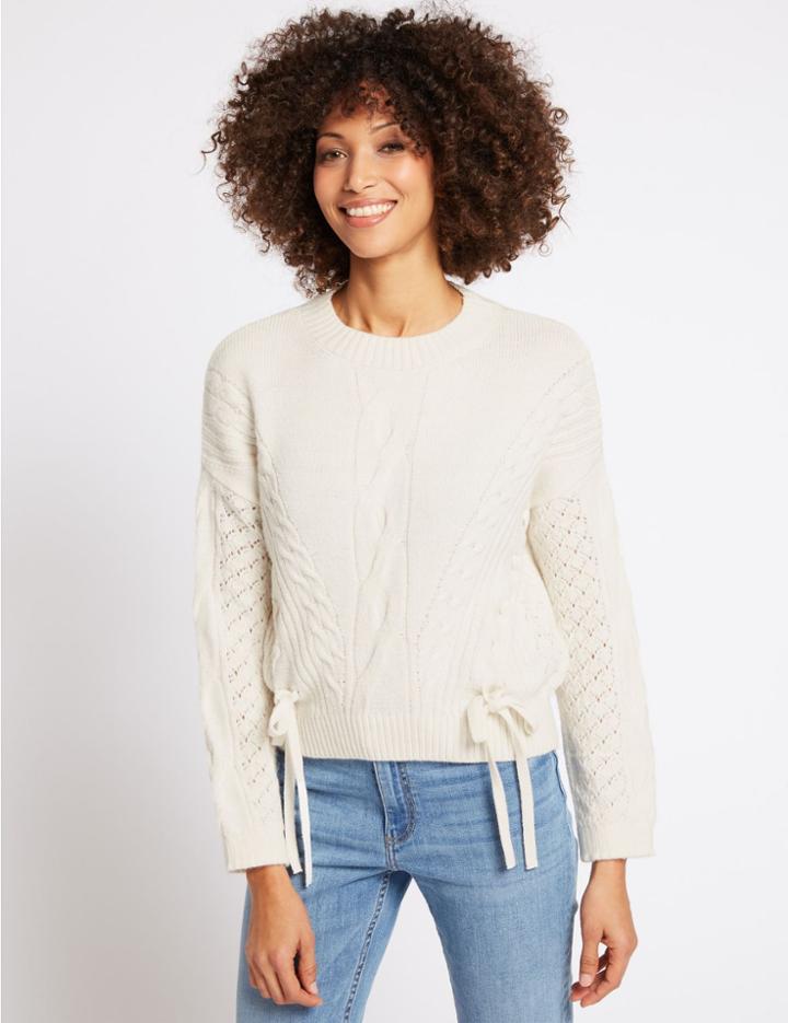 Marks & Spencer Lace Insert Sleeve Tie Detail Round Neck Jumper Cream Mix