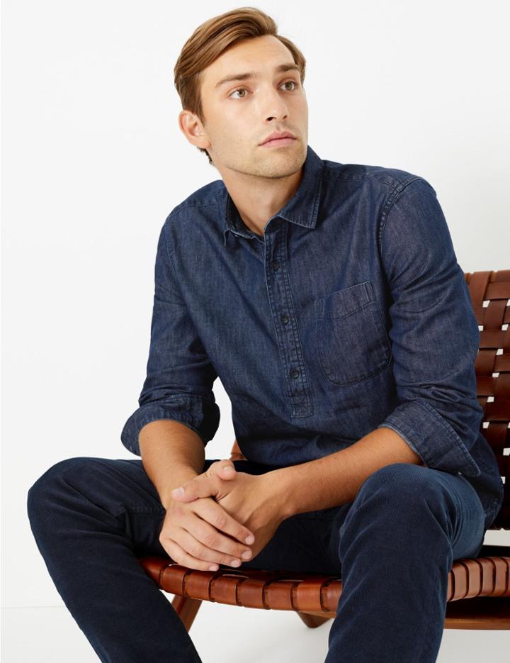 Marks & Spencer Cotton Chambray Denim Shirt Indigo Mix