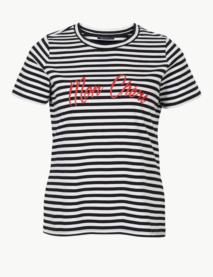 Marks & Spencer Curve Pure Cotton Striped T-shirt Black Mix