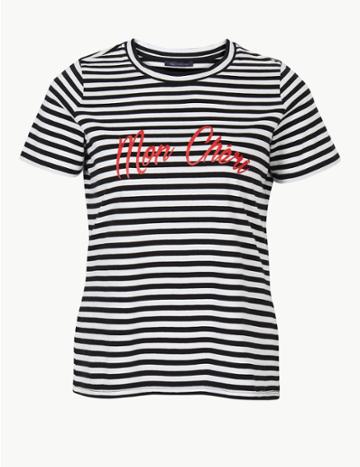Marks & Spencer Curve Pure Cotton Striped T-shirt Black Mix