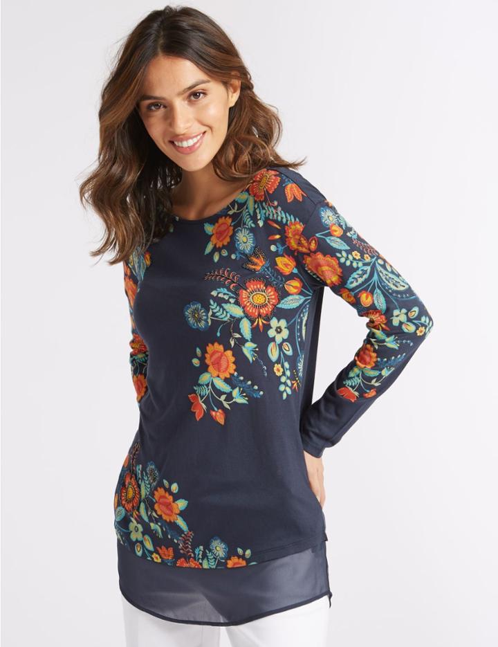 Marks & Spencer Floral Print Embellished Long Sleeve Top Navy Mix