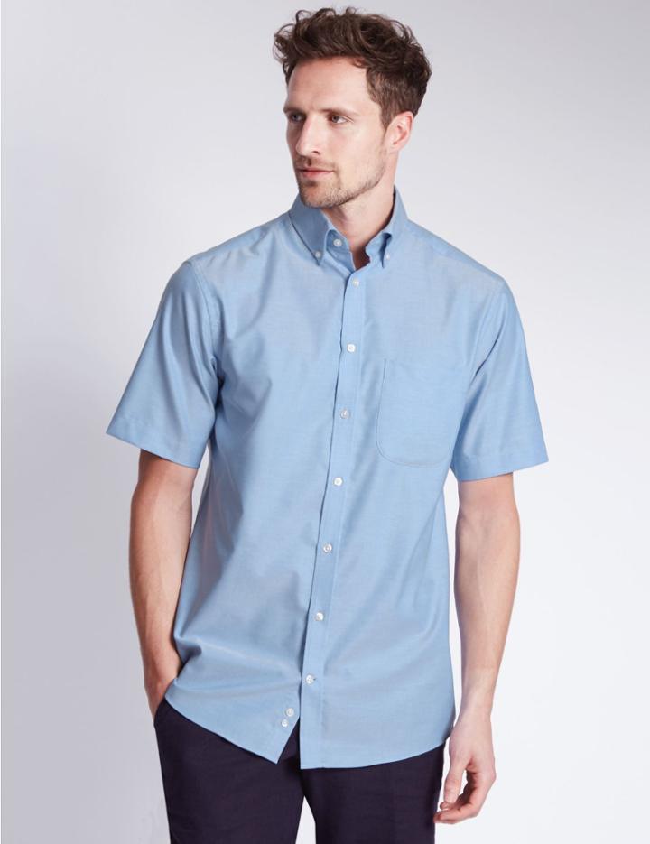 Marks & Spencer Short Sleeve Easy To Iron Regular Fit Shirt Cornflower