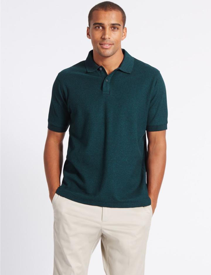 Marks & Spencer Pure Cotton Textured Polo Shirt Dark Teal