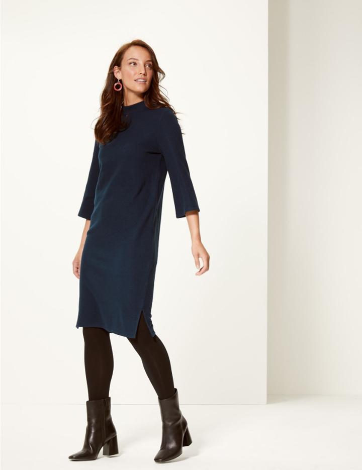 Marks & Spencer Cotton Blend Funnel Neck Shift Dress Navy