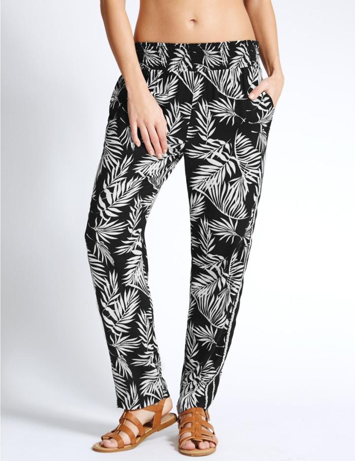 Marks & Spencer Palm Tree Print Tapered Leg Trousers Black