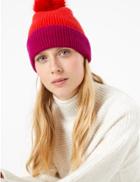 Marks & Spencer Wool Rich Colour Block Pom-pom Beanie Hat Red Mix