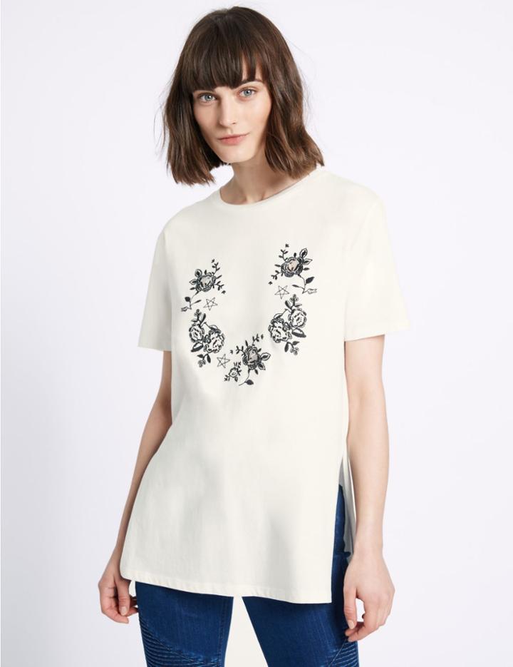 Marks & Spencer Pure Cotton Embroidered Longline T-shirt Ivory Mix